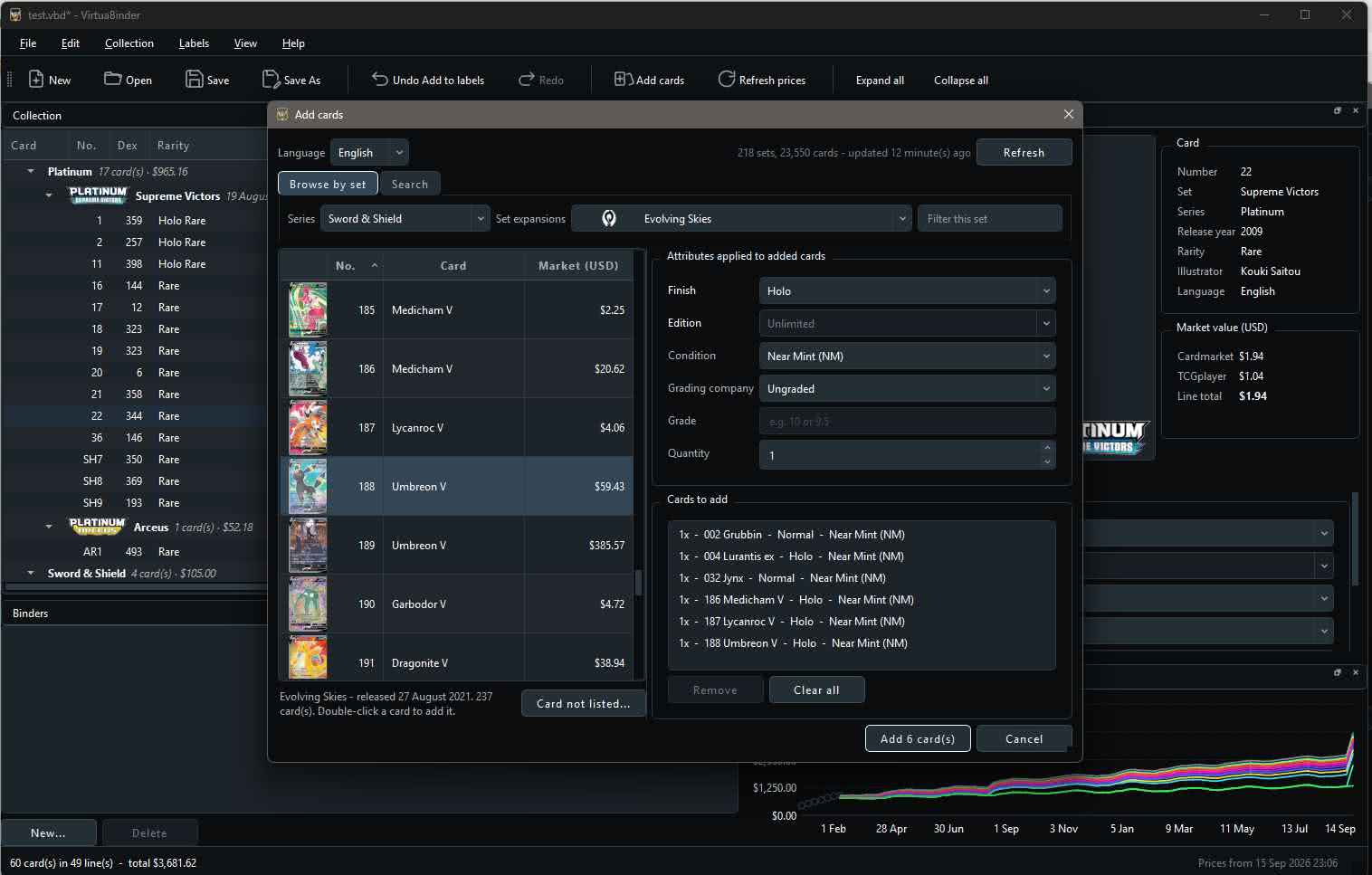 The Add cards dialog: browsing a set, with condition and finish applied to a staged batch of six cards.
